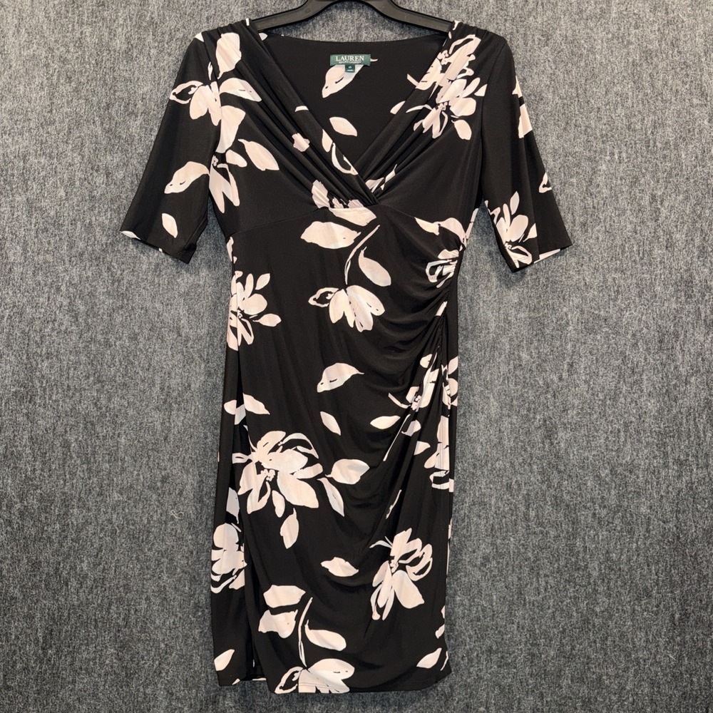 Lauren Ralph‎ Lauren Dress Womens 10 Black Pink Floral Faux Wrap Ruched Church